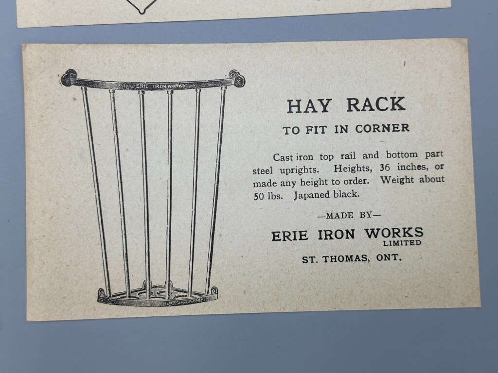 c 1900 ERIE IRON WORKS Cattle HOG TROUGH Hay Rack PLOW Farm Advertise Trade Card
