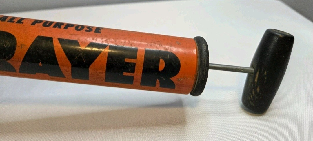 Vintage 1940’s Black Flag Tin Bug Pump Sprayer Metal Canister & Wooden Handle