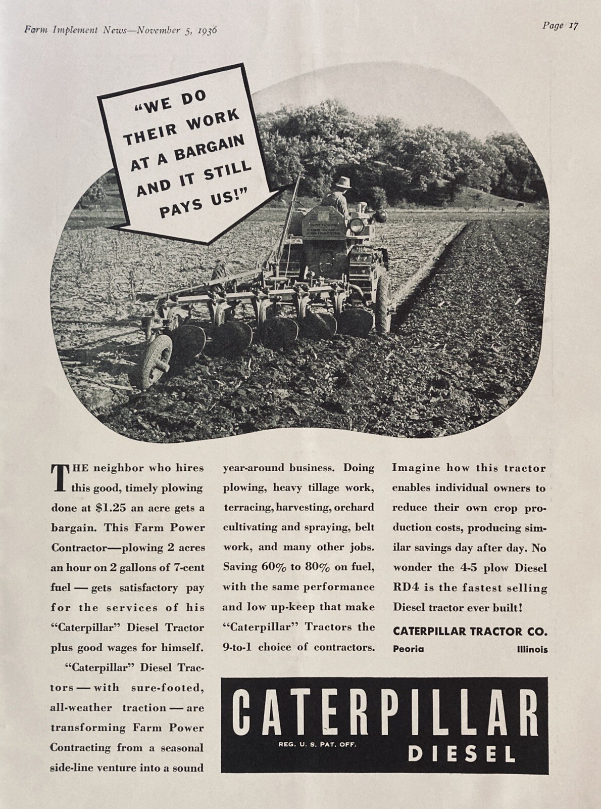 1936 AD.(XF20)~CATERPILLAR TRACTOR CO. PEORIA, ILL. DIESEL RD4 TRACTOR