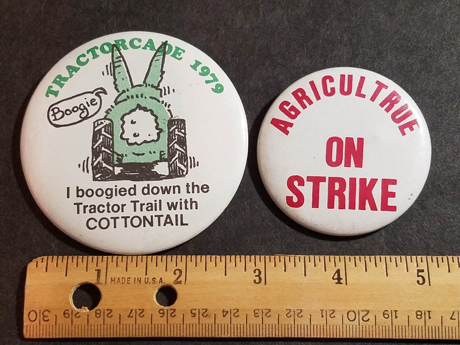 1979 Tractorcade & Agriculture on Strike, 2 Pinback Buttons, Anti-Carter