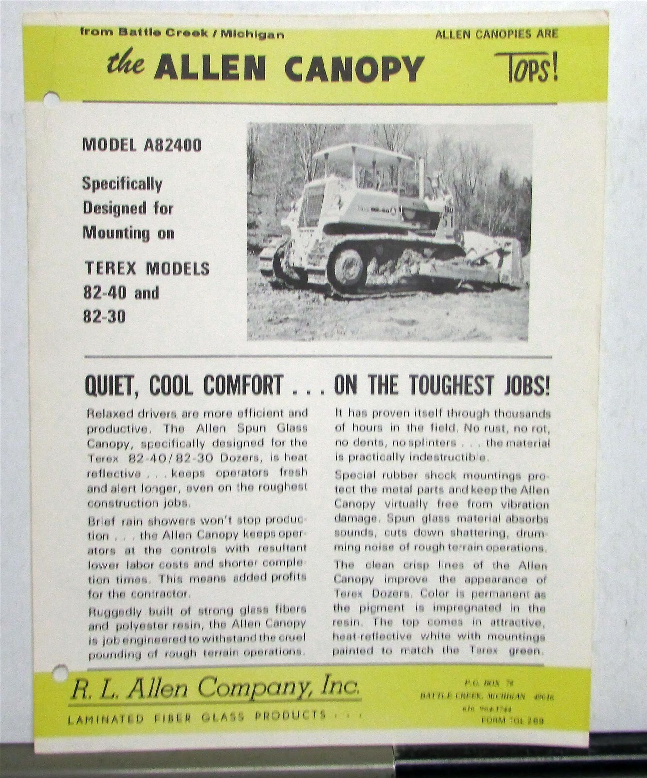 1969 Terex Allen Canopy A82400 Construction Sales Data Sheet