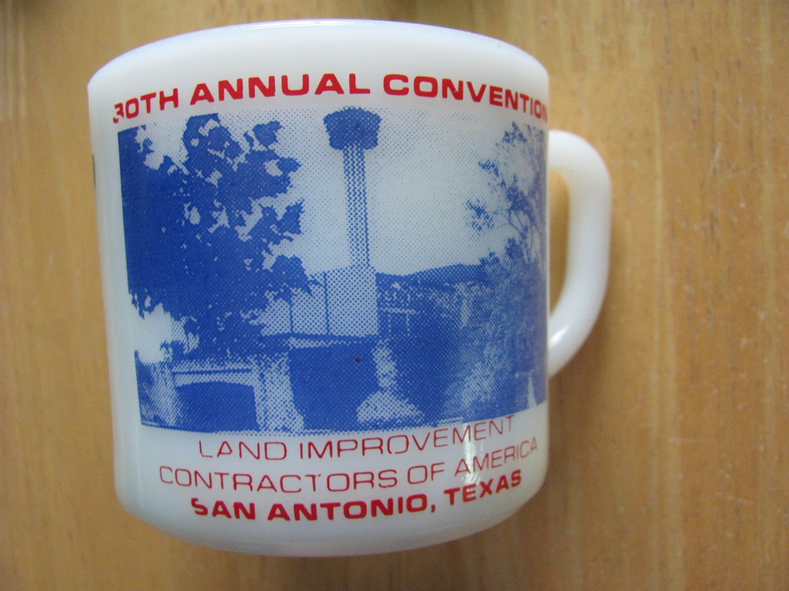 1981 MILK GLASS COFFEE CUP SAN ANTONIO TX LICA LAND IMPROVEMENT CONTRACTORS FARM