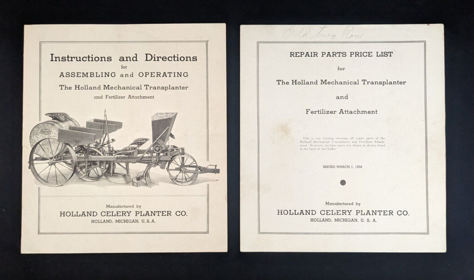 Original 1938 HOLLAND Mechanical Transplanter Operating Instructions Michigan