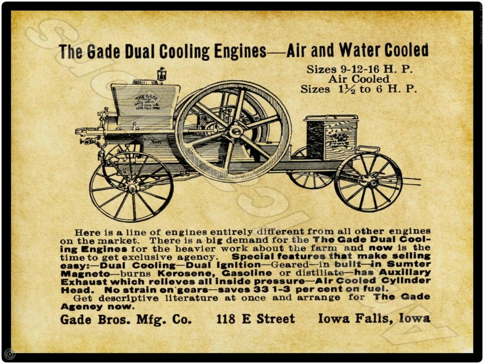 1915 Gade Bros. Mfg. Dual Cooling Gas Engines New Metal Sign: LARGE SIZE 12 x 16