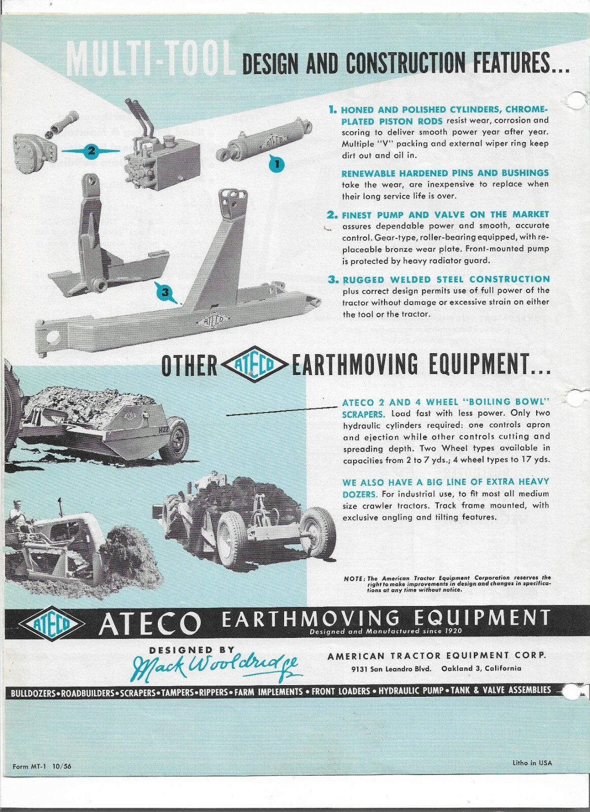 Original 10/1956 Ateco Multi-Tool Bulldozer Road Builder Loader Sales Brochure