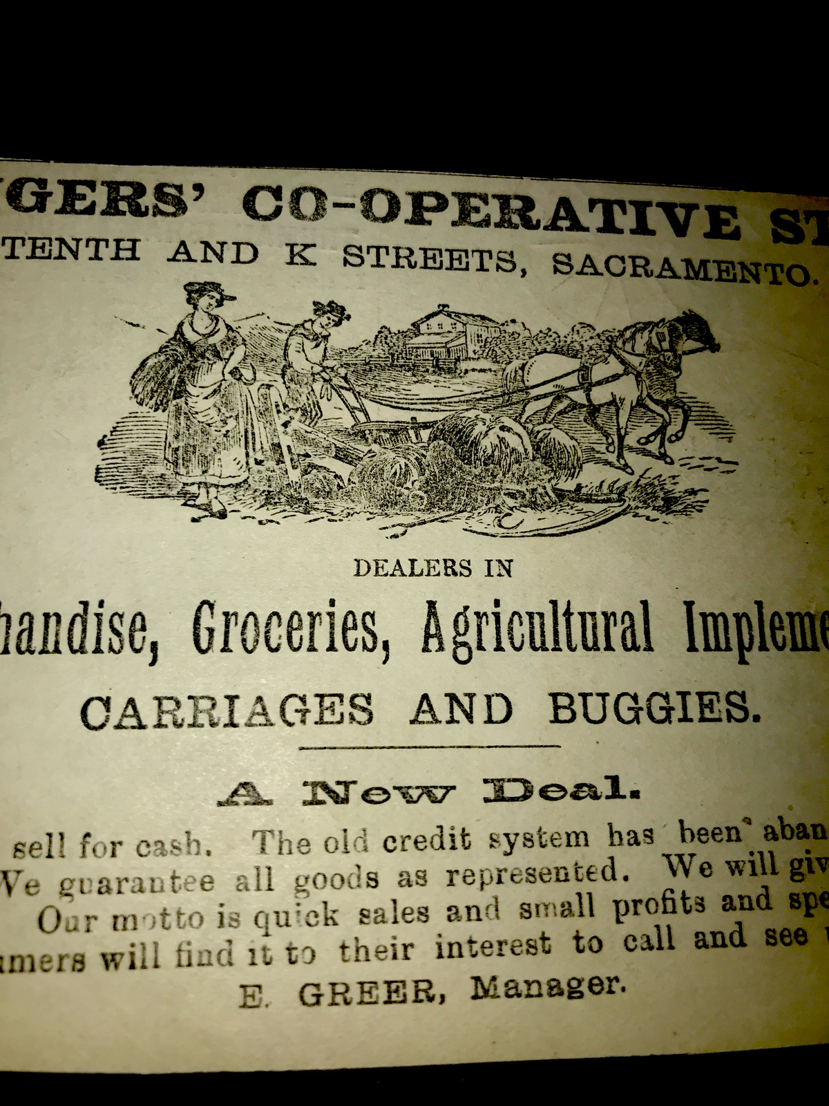 1886 Grangers’ Co-Operative Store Farm Advertising – Sacramento – California