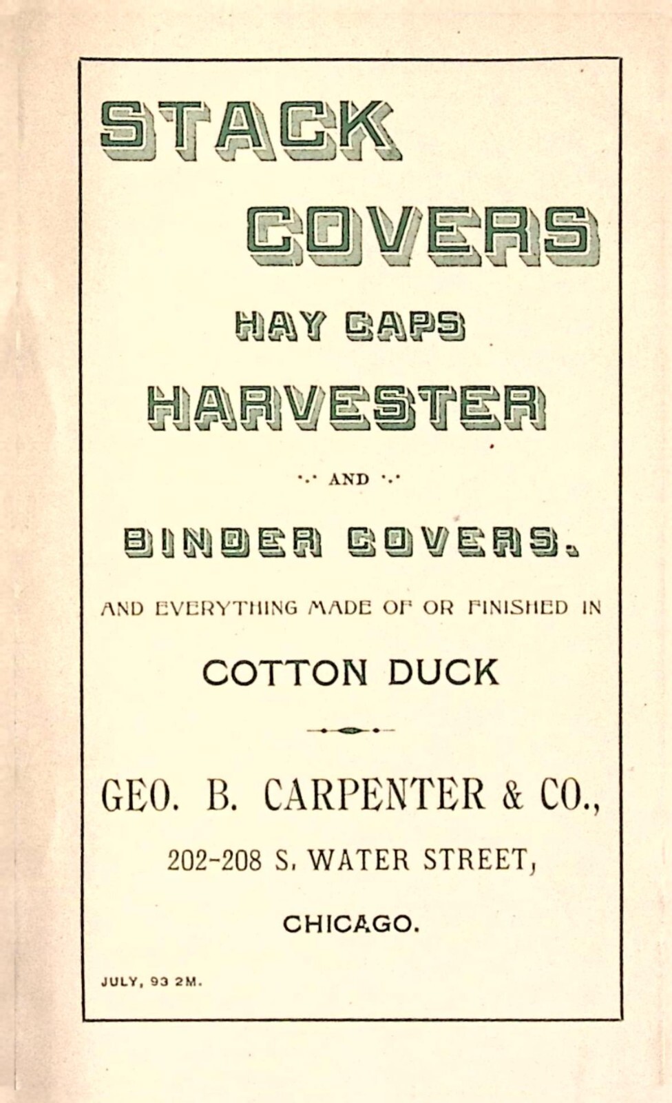 1893 Geo B Carpenter & Co Stack Covers Tent Paulins Flags Price List CHICAGO