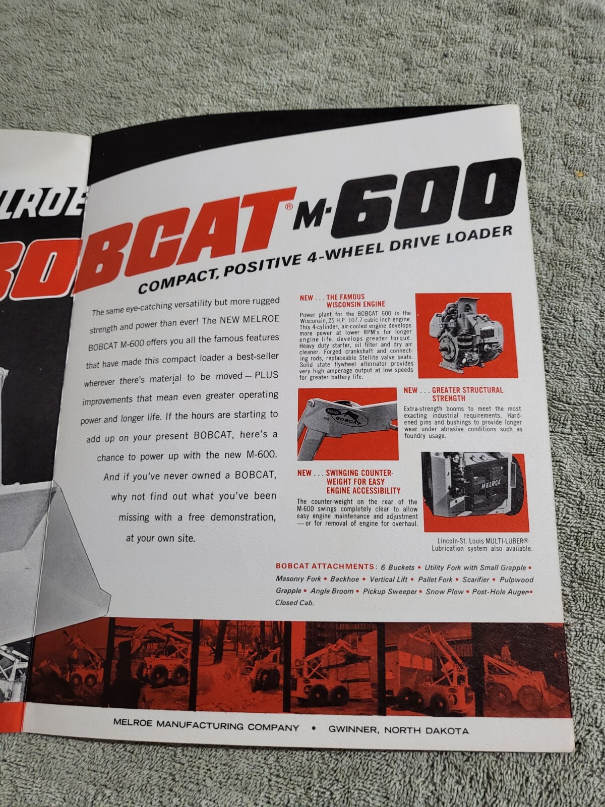 Vintage 1967 BROCHURE Melroe Bobcat Skid Steer Loader M600 25hp Wisconsin engine