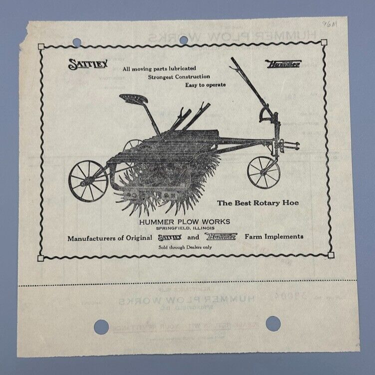 1930 HUMMER PLOW WORKS Farm Machinery Advertising Billhead SPRINGFIELD IL