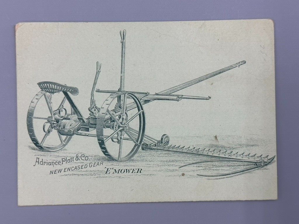 1889 Adriance Platt FARM MOWER Antique Advertising TRADE CARD Buckeye Works