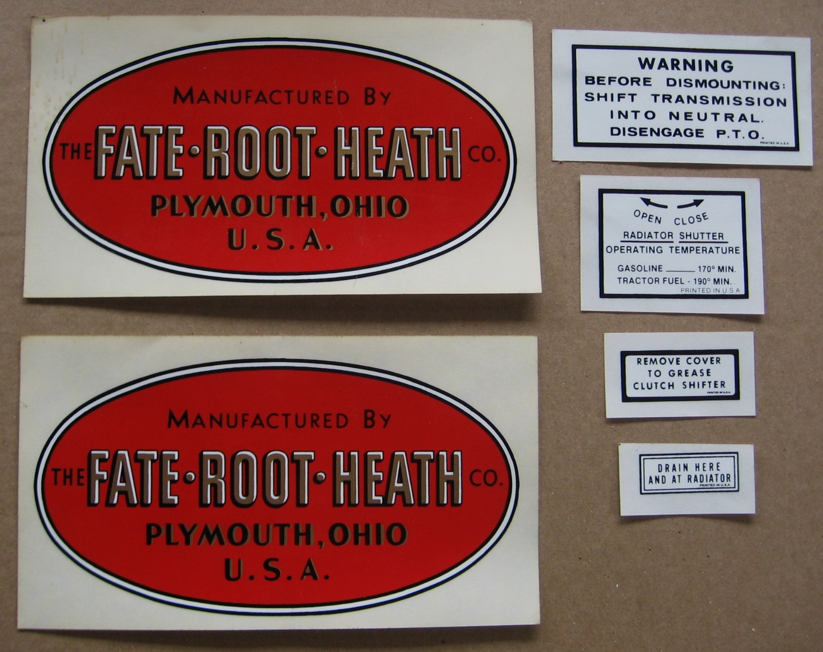 The FATE ROOT HEATH Co. Plymouth, Ohio USA Tractor Decal Qty 2 + Rare Bonus
