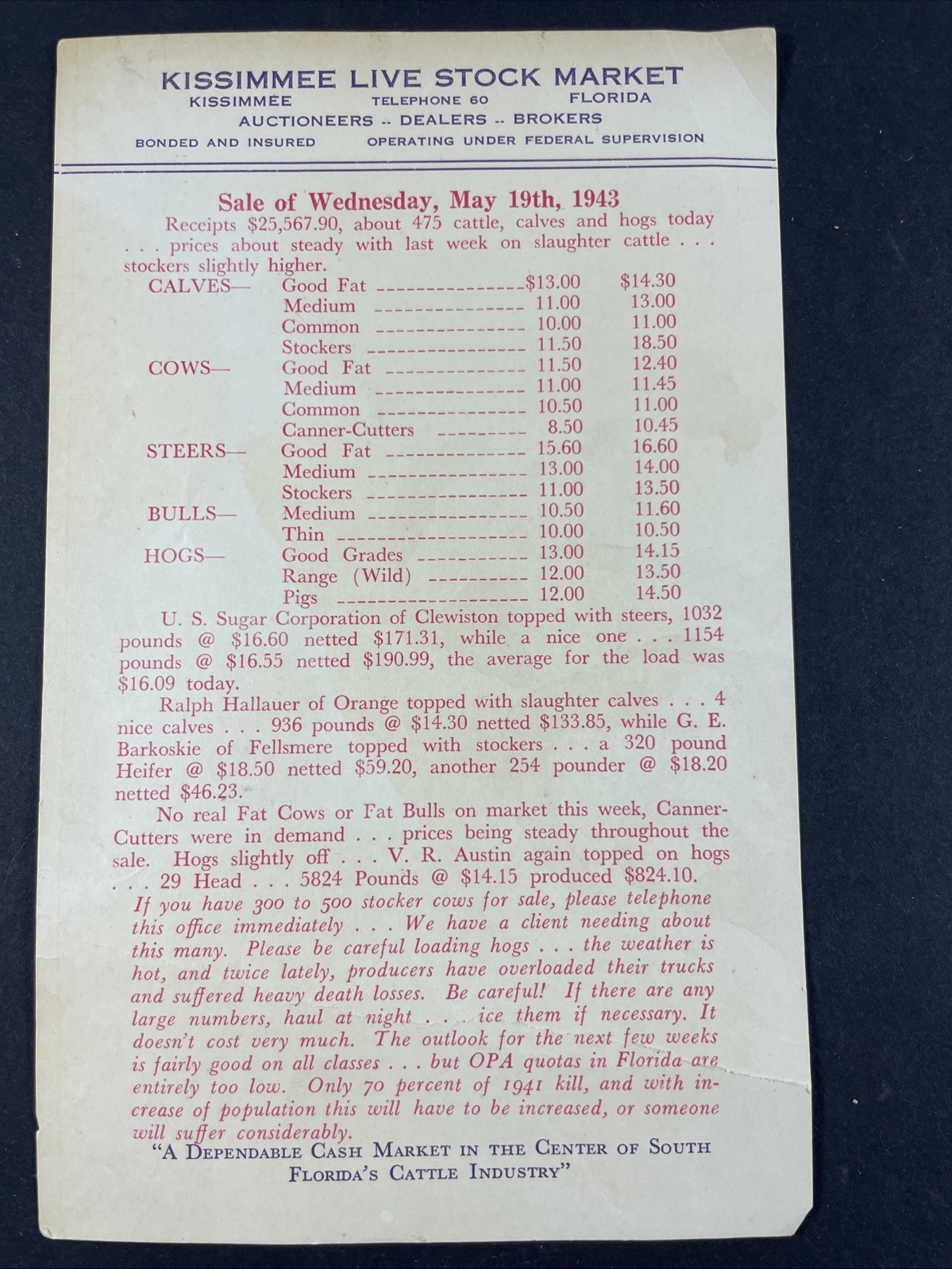 Kissimmee livestock market flyer date of sale May 19, 1943 Ephemera (XS1)