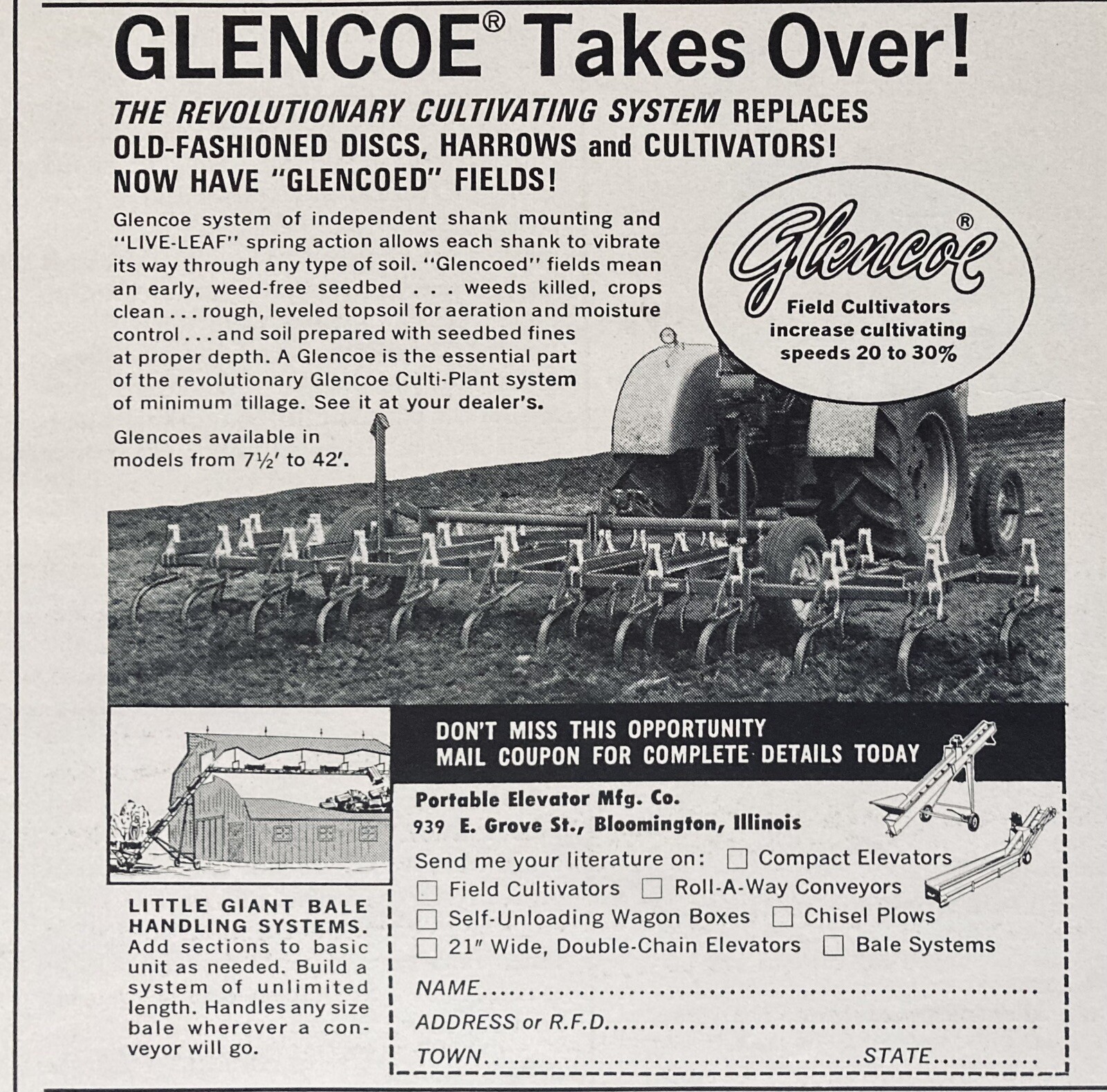 1965 AD.(XH48)~PORTABLE ELEVATOR MFG. CO. BLOOMINGTON, ILL. GLENCOE CULTIVATORS