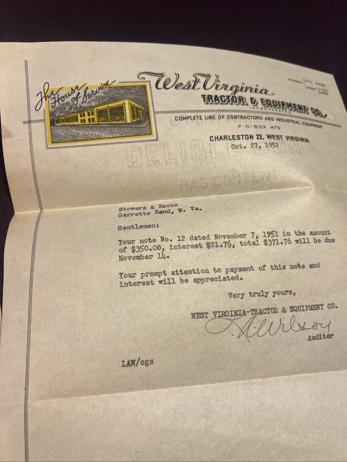West Virginia Tractor And Equipment Company Invoices Sales Receipts 1952