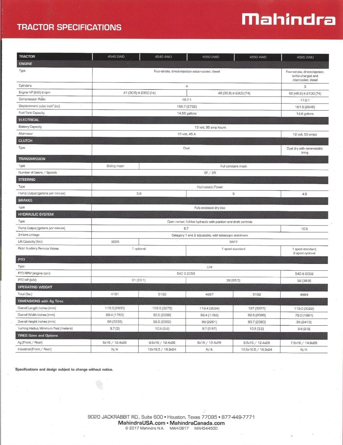 Mahindra 4500 Series Tractor Sales Brochure