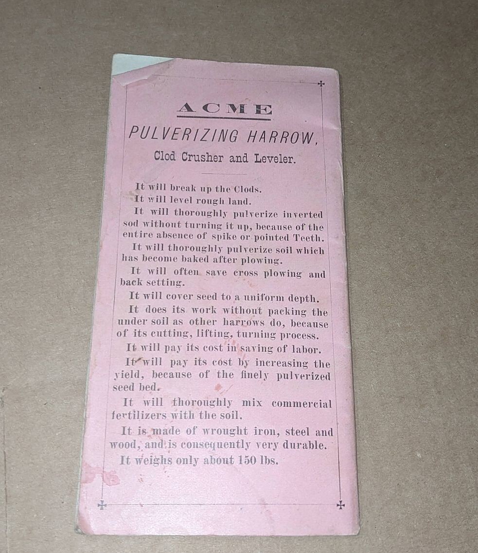 Acme Pulverizing Harrow Advertising Booklet 1880s Nash & Brothers Farm Equipment
