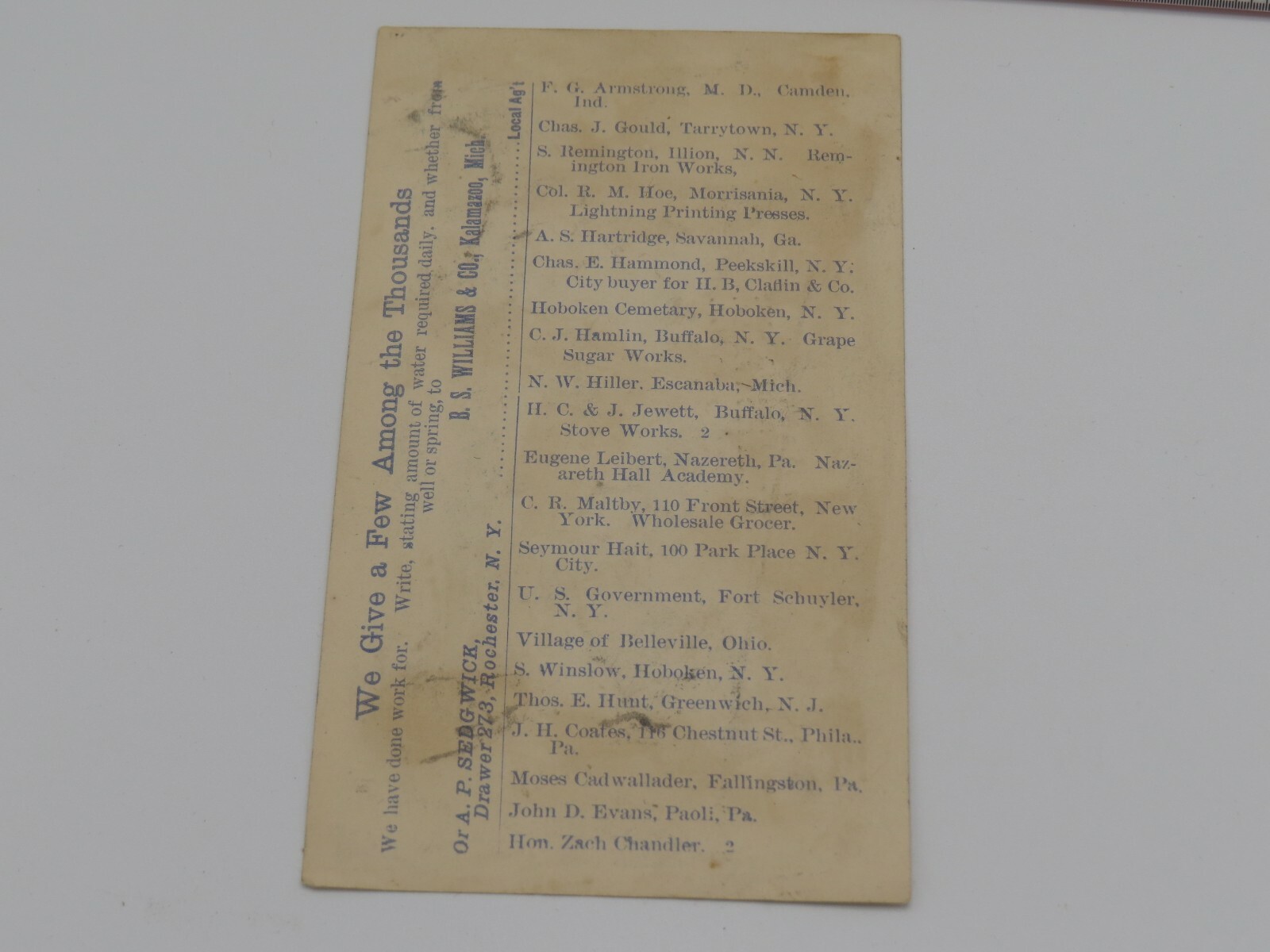 Vintage B.S. WIlliams WINDMILL Kalamazoo, MI 1880&rsquo;s TRADE CARD Seneca Falls, NY