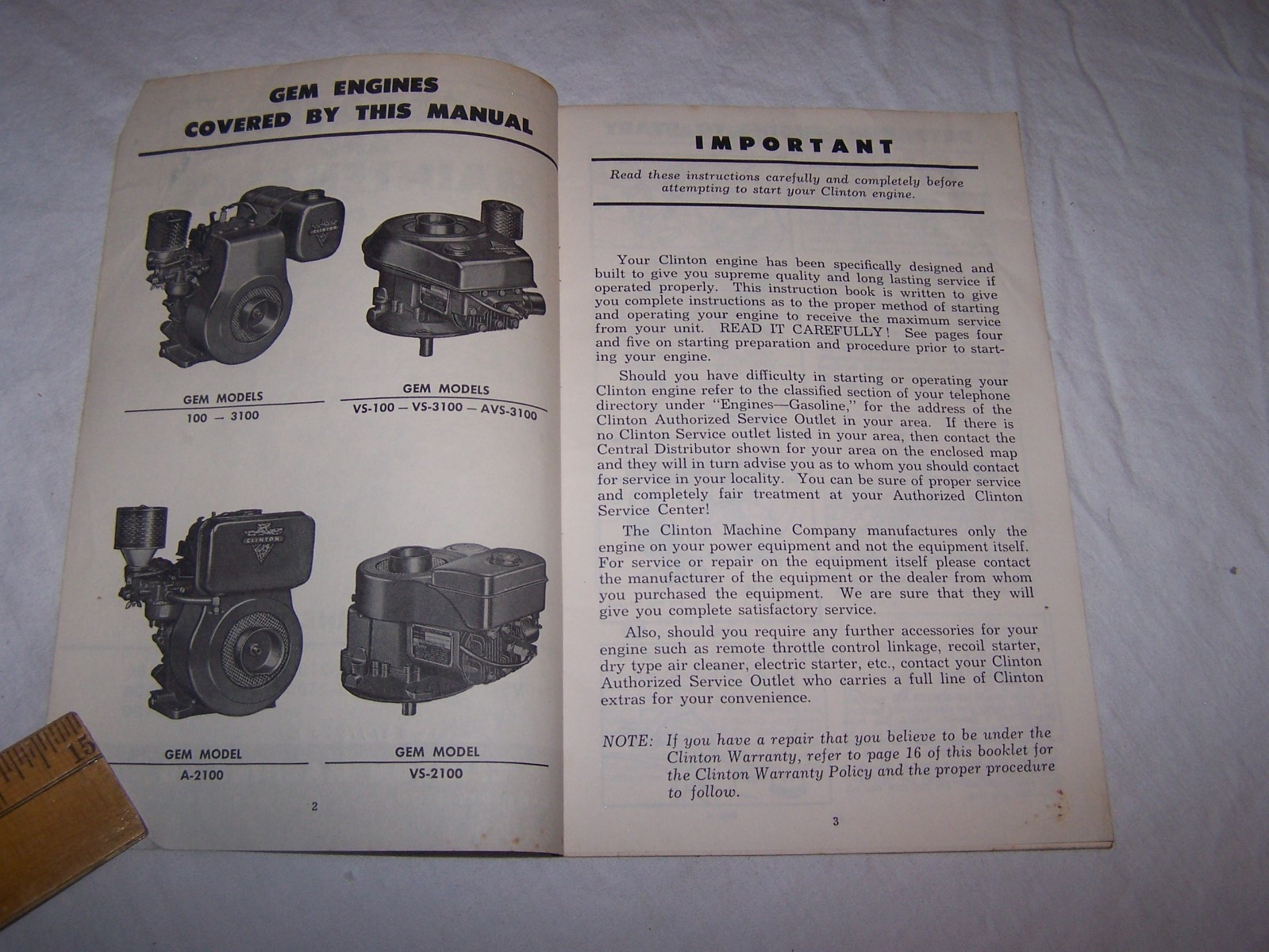Vintage Operation & Maintenance Manual CLINTON Engines VS 100 A-2100 3100 AVS