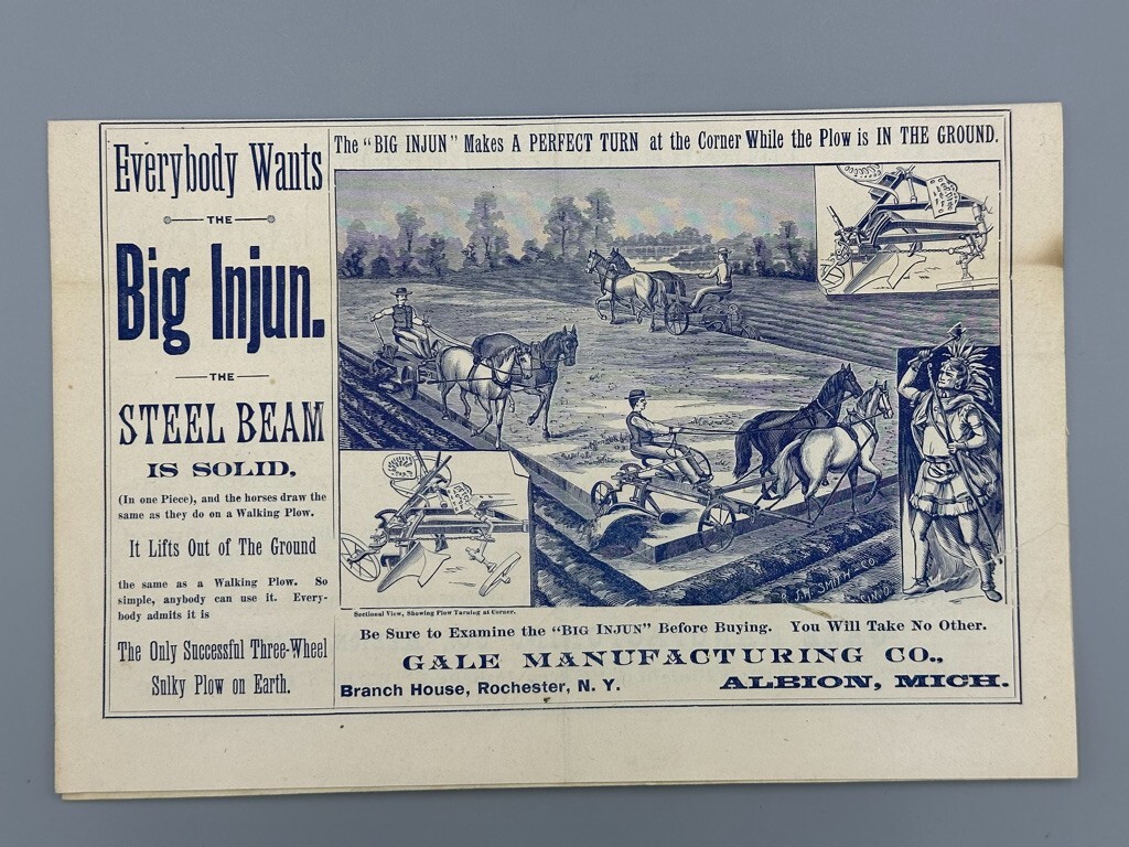 1888 GALE PLOW Big Injun FARM Advertising ALBION Michigan Circular