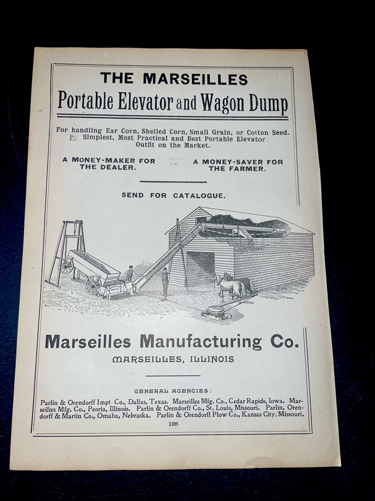 ORIGINAL 1907 Marseilles Elevator & Wagon Dump Farm Implement Advertising