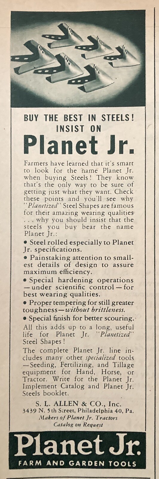 1945 AD(XF11)~S.L. ALLEN CO. PHIL., PA. PLANET JR. STEEL PLOW SHARES