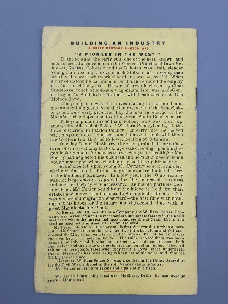 c 1890 FETZER GRAIN DRILL Farm Advertising Booklet SPRINGFIELD Illinois
