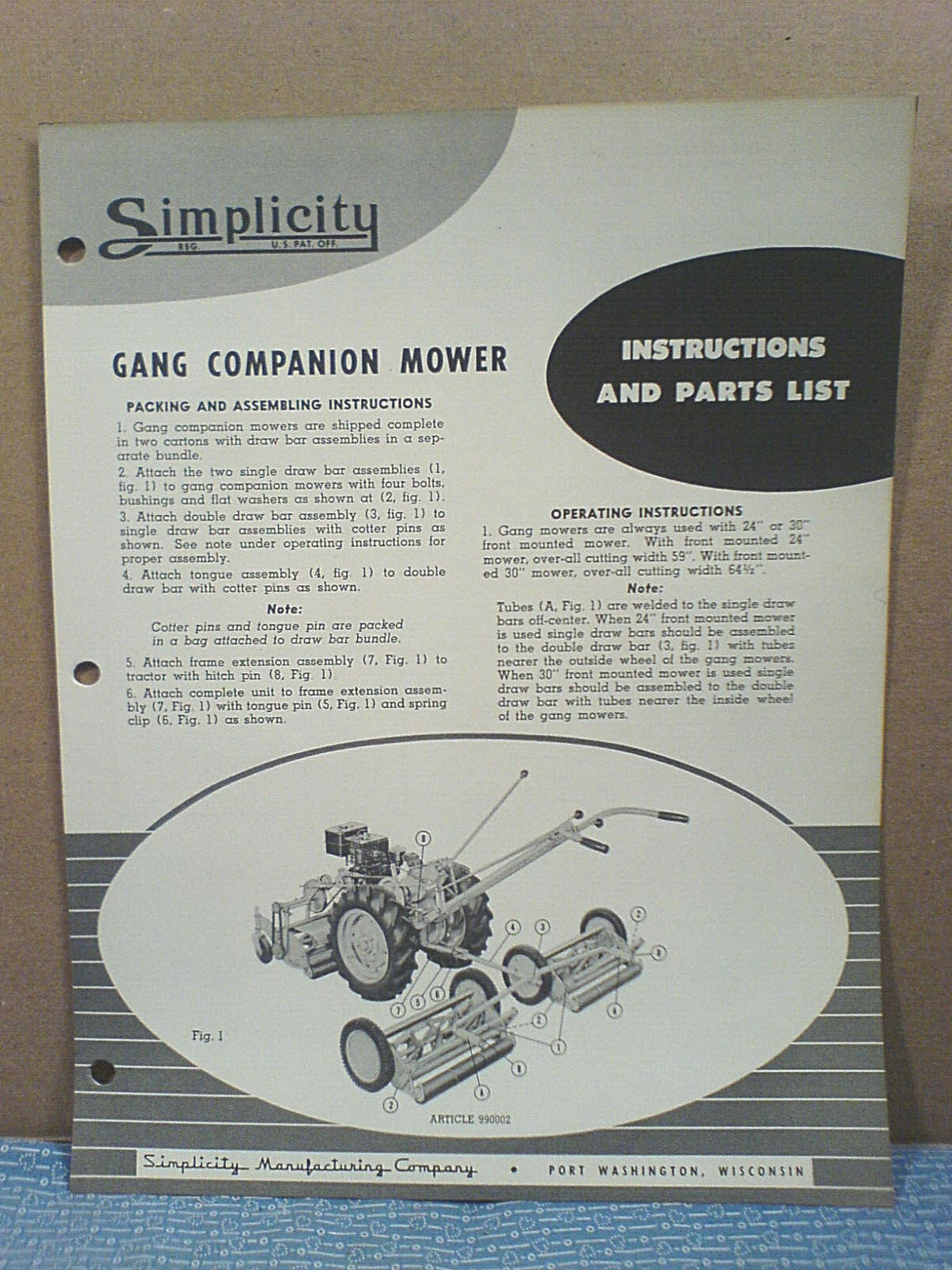 SIMPLICITY WALKING TRACTOR 2 GANG MOWER OPERATOR, ASSEMBLY, & PARTS MANUAL
