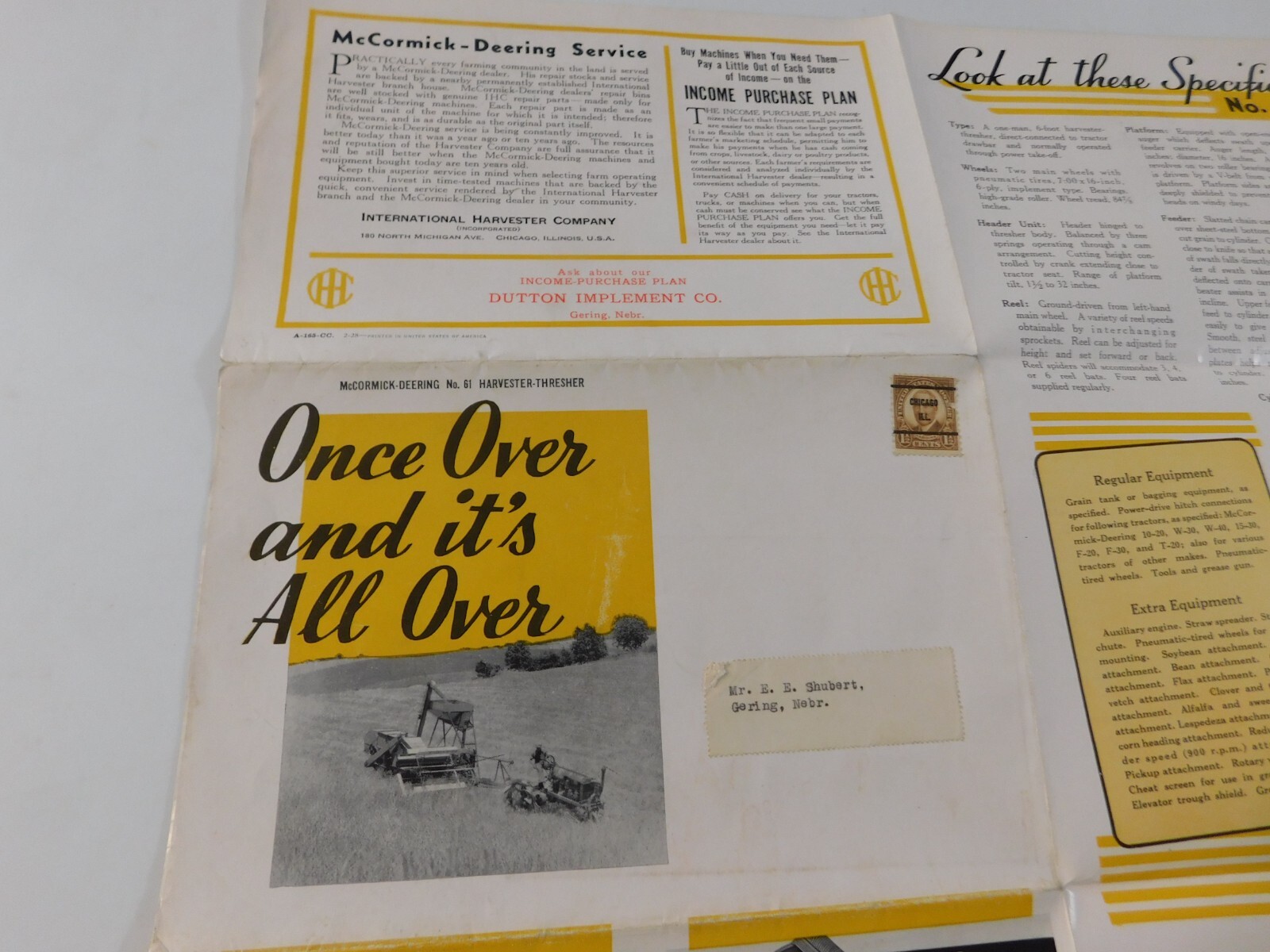 McCORMICK DEERING NO. 61 COMBINE THRESHER SALES BROCHURE FOLDOUT GERING NEBRASKA