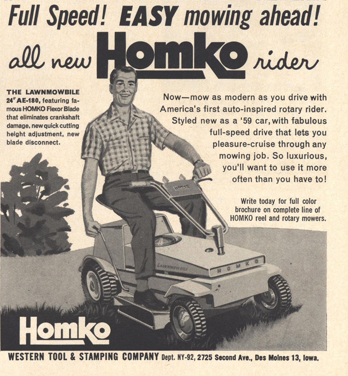 1959 Homko Rider: Full Speed Easy Mowing Ahead Vintage Print Ad