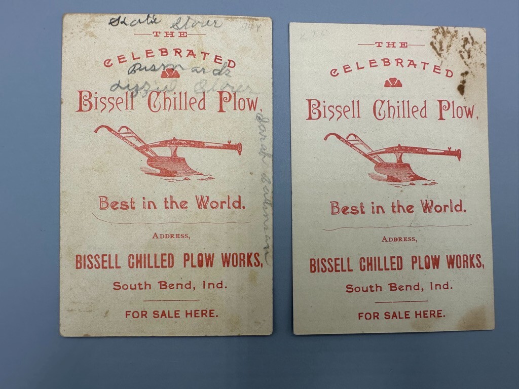 1880s BISSELL PLOW WORK Advertise FARM Trade Cards SOUTH BEND Indiana BANK BUST