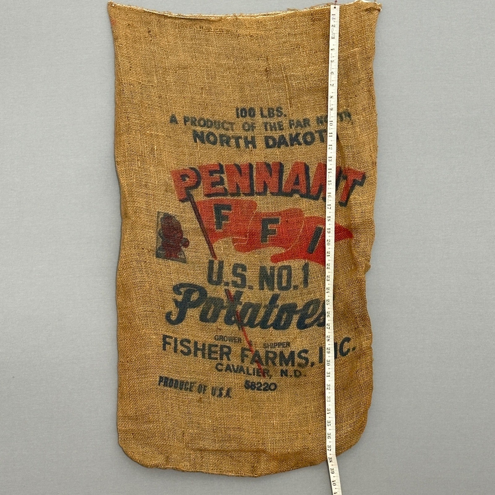 VTG Pennant FFI Potato Burlap Sack Fisher Farms ND 100 LB Farmhouse Rustic Decor