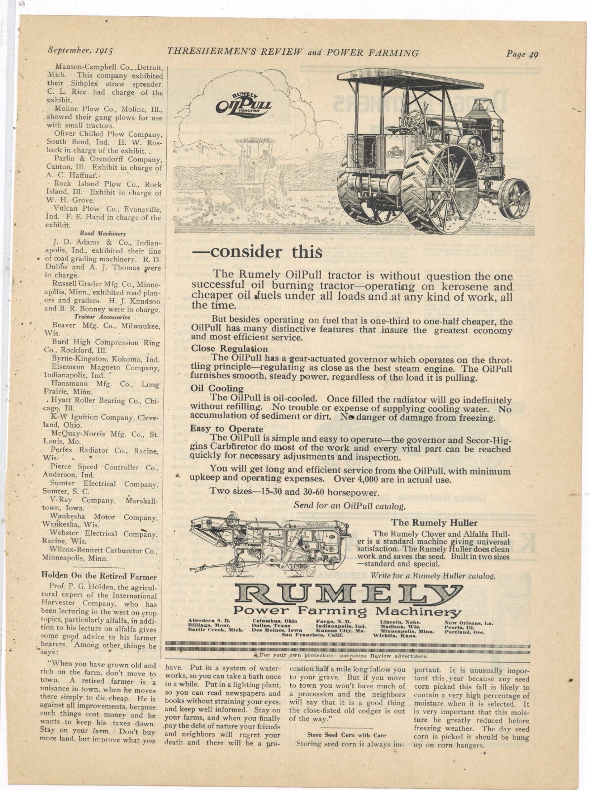 1915 Rumely Power Farming Machinery Ad: OILPULL Tractor 15-20 or 30-60 + Huller