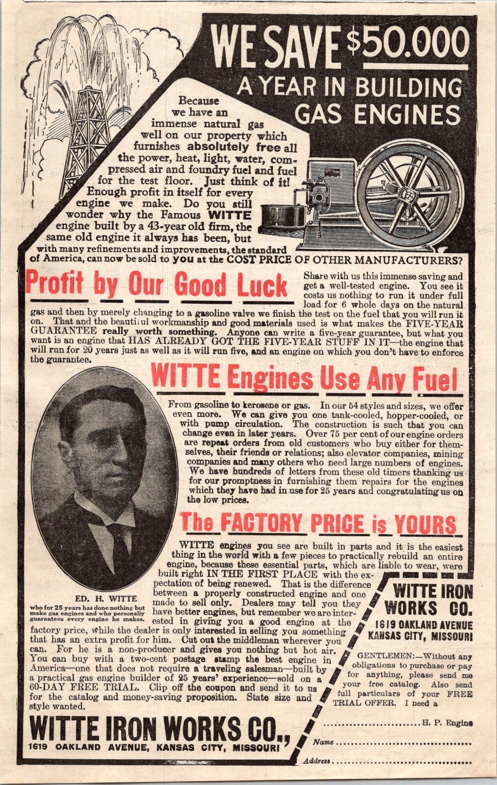 1913 Witte Iron Works Hit Miss Antique Ad Successful Farming Kansas City MO