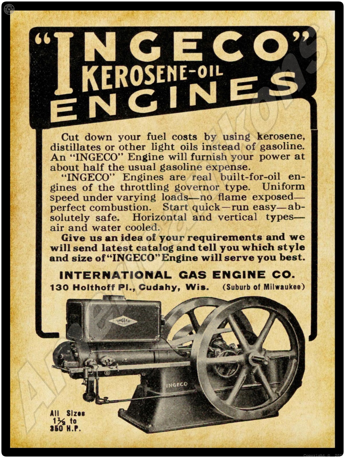 1915 INGECO Engines of Cudahy, WI New Sign: 18×24&Prime; USA STEEL XL Size – 4lbs