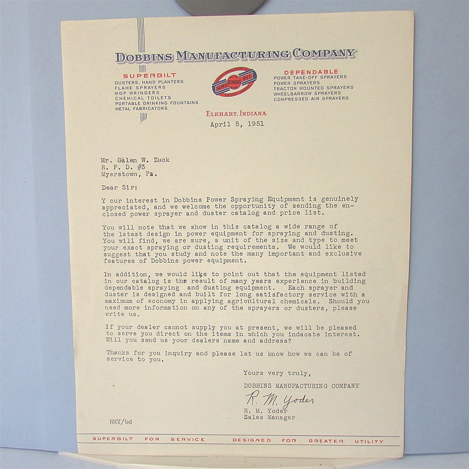 1951 LETTERHEAD Dobbins Manufacturing Advertising Agriculture Sprayers Vintage