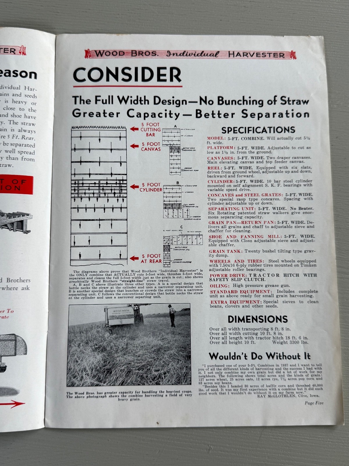 Vintage Brochure Wood Brothers Thresher Wheat Harvest Des Moines IA Farm 1938