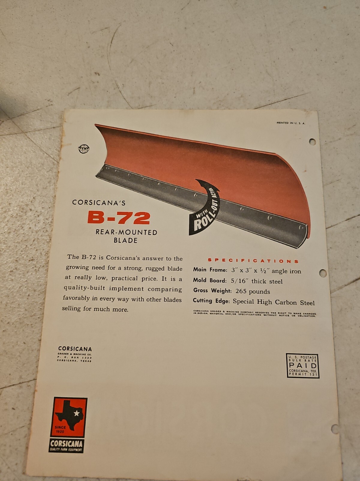 Vintage Corsicana B-72 REAR MOUNTED BLADE SALES BROCHURE FLYER