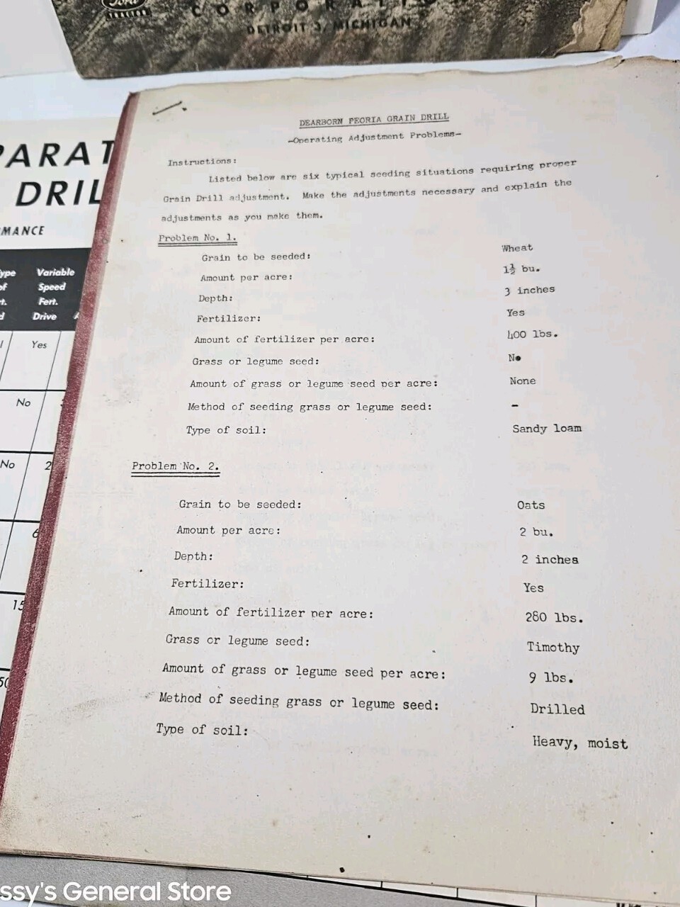 1950 Dearborn-Peoria Grain Drill Sellers/Servicing Manual & Supplemental Papers
