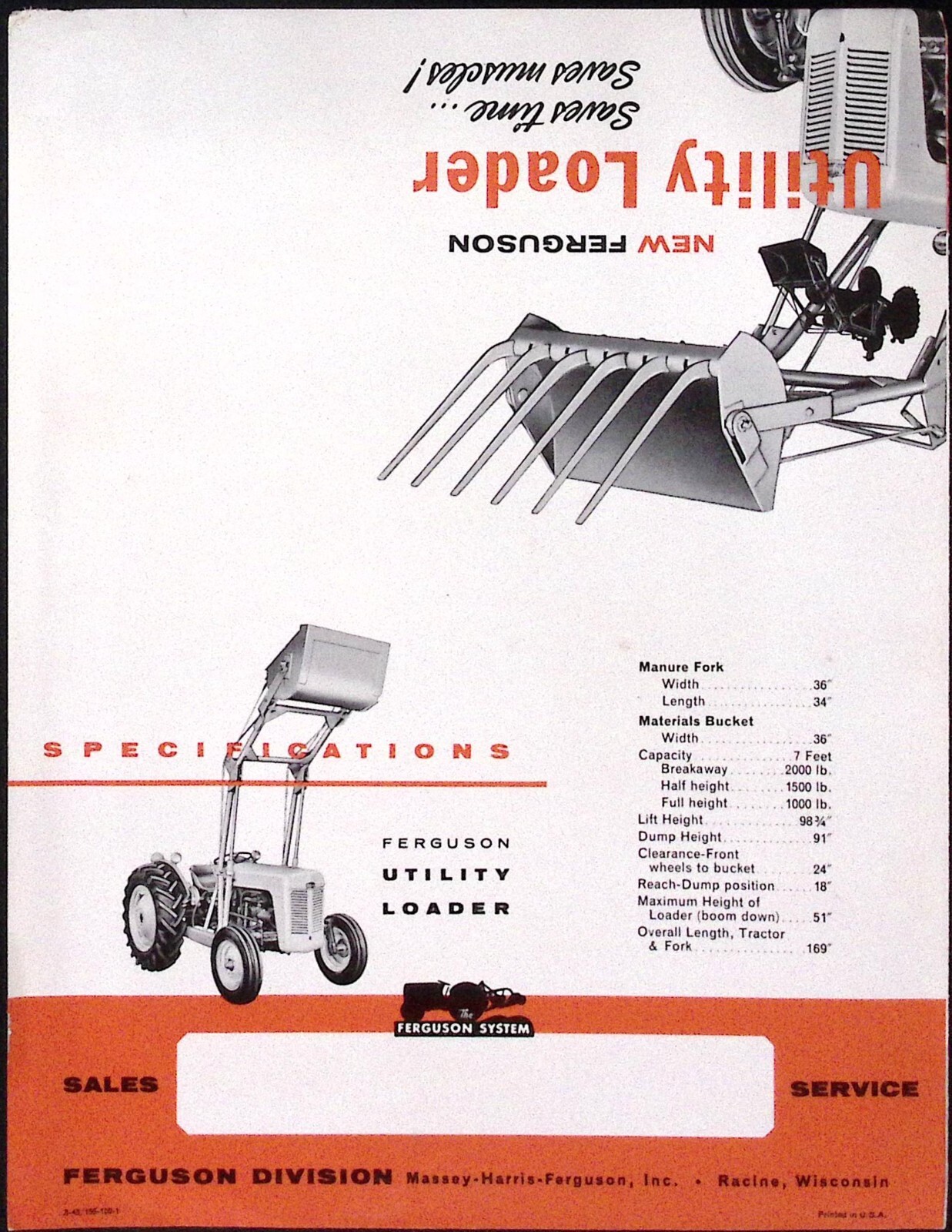 1957 Ferguson Utility Loader Manure Fork Utility Bucket Massey-Harrison-Ferguson