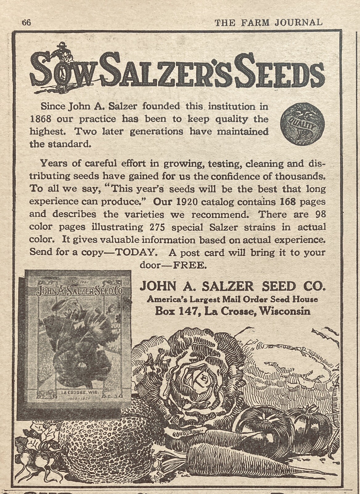 1920 AD.(XF11)~JOHN A. SALZER SEED CO. LA CROSSE, WIS. SALZER SEED CATALOG AD.