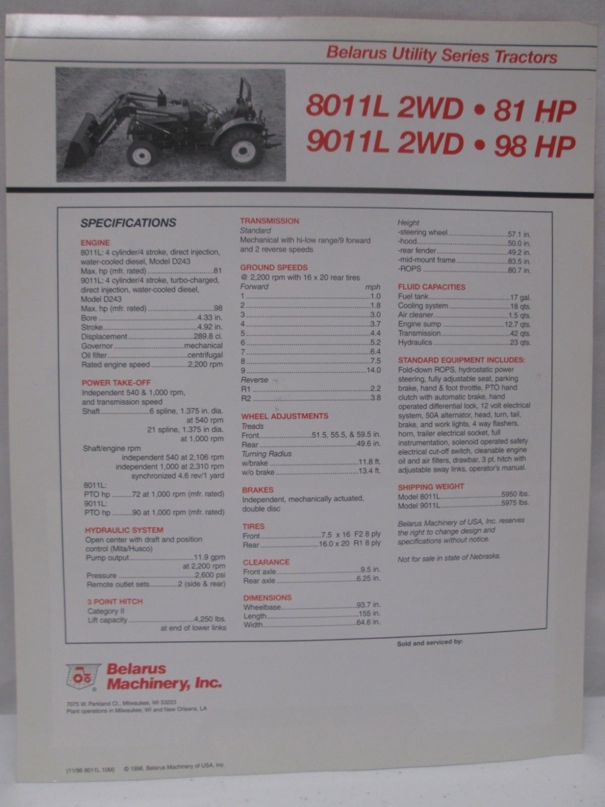 Belarus Utility Series Tractor 8011L 81 HP 9011L 98 Brochure Specifications 1996