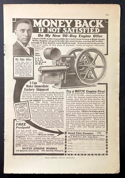 1918 Witte Engine Works AD “Money Back if not Satisfied”