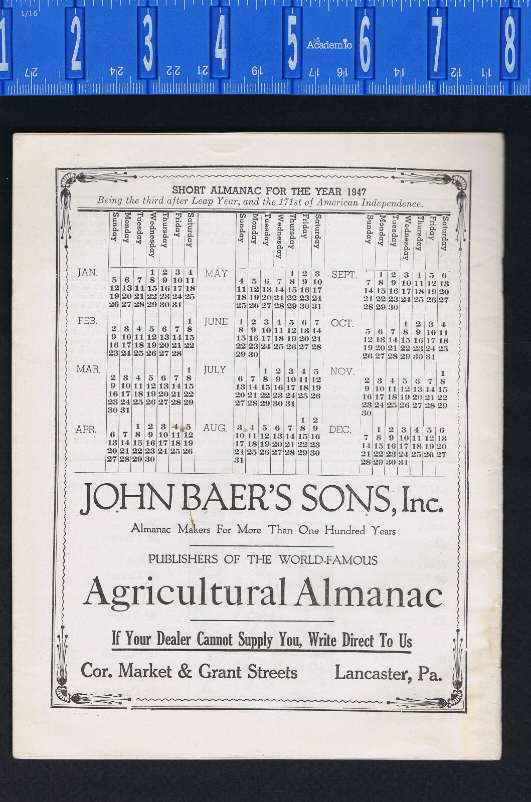 1947 John Baer’s Sons Agricultural Almanac – Vol 122
