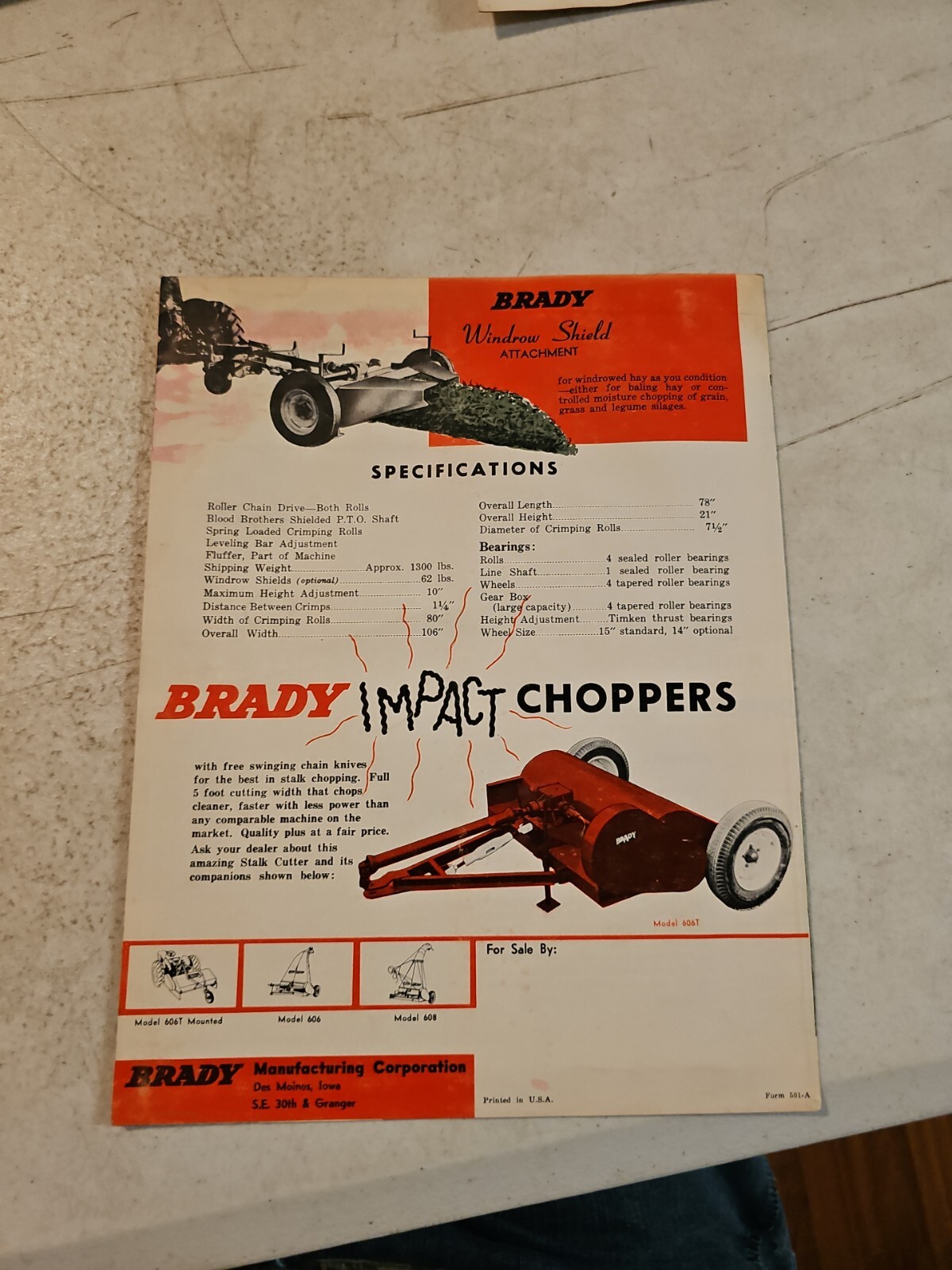 Vintage Brady Manufacturing Haymaker Sales Brochure