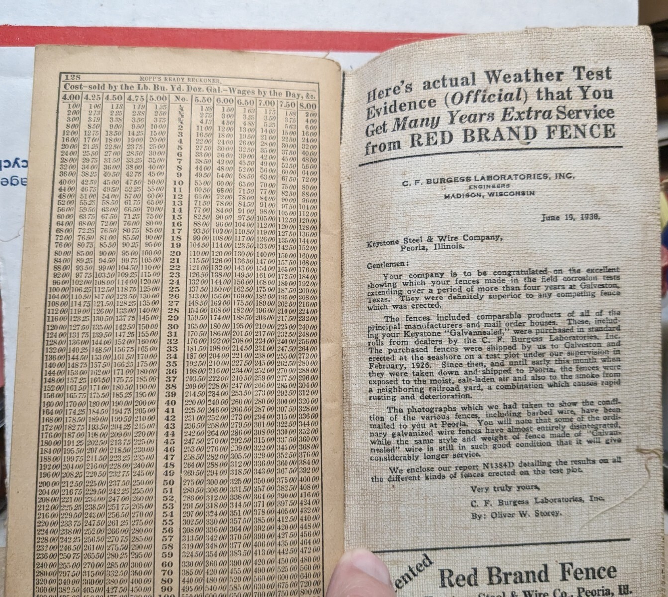 1919 Ropp&rsquo;s New Calculator Farmers Reckoner Pocket Booklet Red Brand Fence Ads