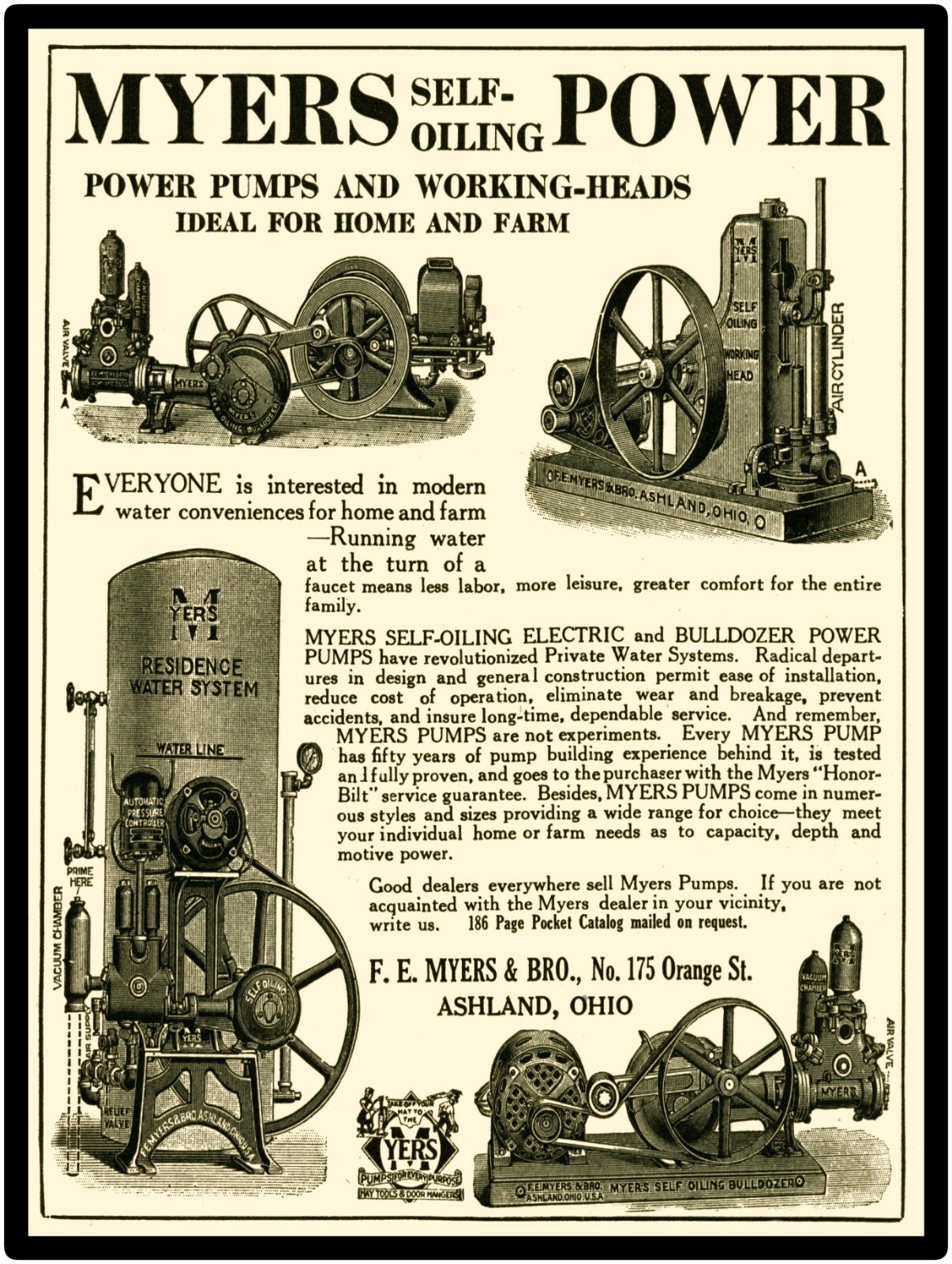 1917 F.E. Myers & Bro. New Metal Sign: Myers Self Oiling Pumps Ashland, Ohio