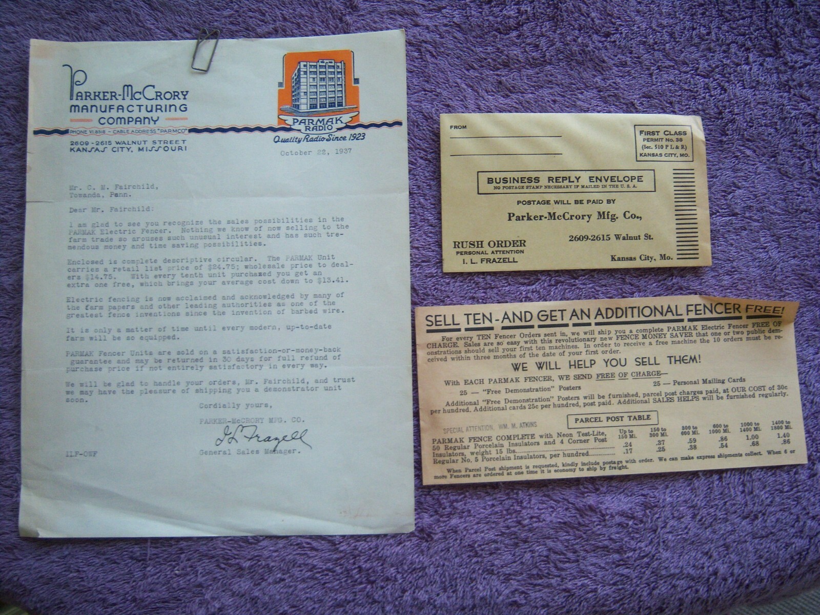 PARKER-McCRORY MANUFACTURING COMPANY ELECTRIC FENCING LETTERHEAD & ADVERTISEMENT