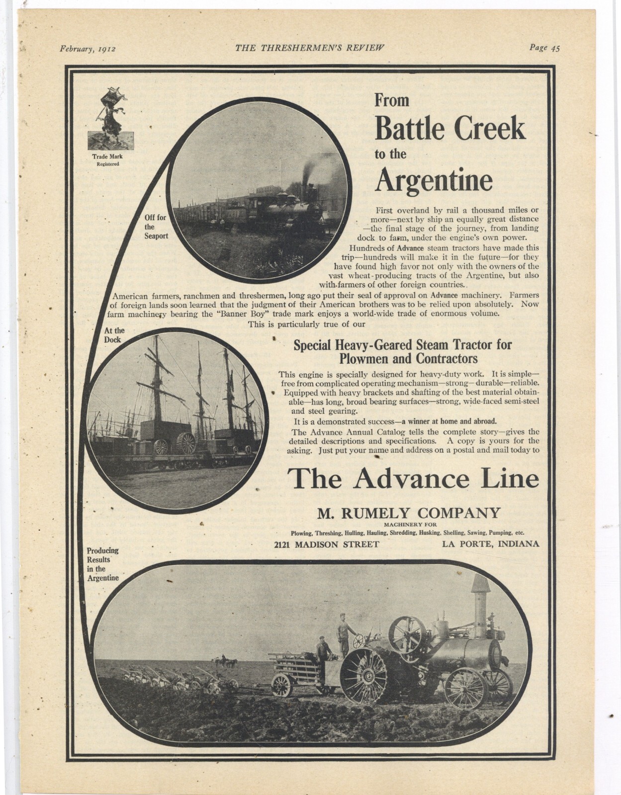 1912 M. Rumely Co. Ad: The Advance Line – Steam Tractors at Dock & Seaport