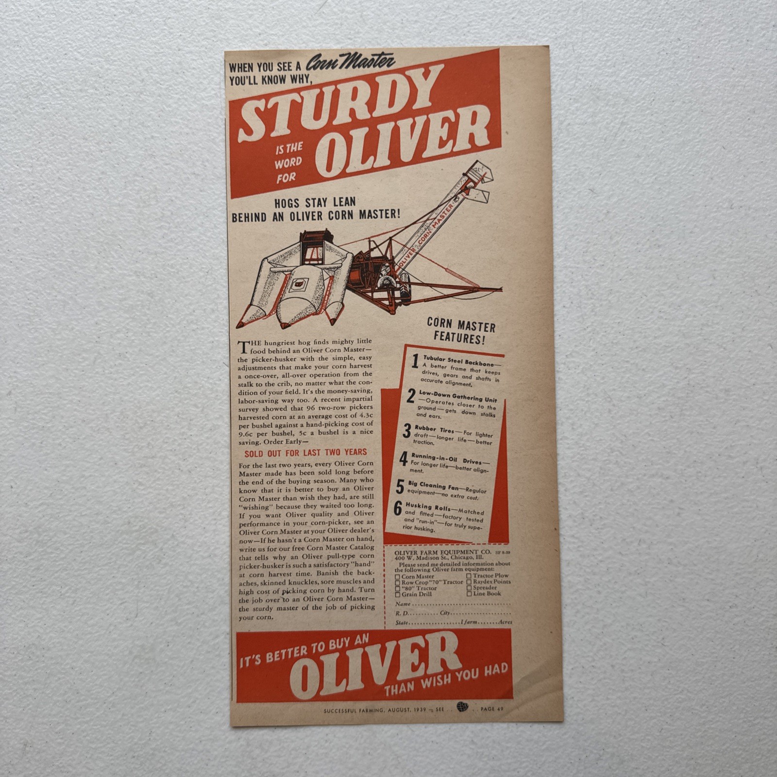 Oliver Farm Equip Co. Corn Master Successful Farming August 1939 Advertisement