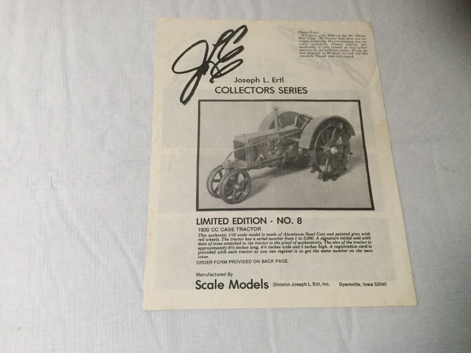 Joseph L. Ertl Scale Models Collectors Series NO. 9, 8, 7, 6, 5 Sales Brochure